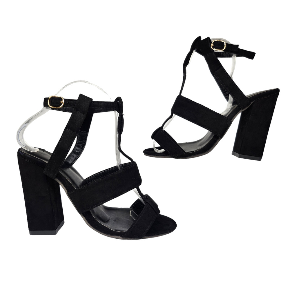 Black Ankle Strap Heels Faux Suede T Strap Strappy Chunky Block Heel Womens 36 6